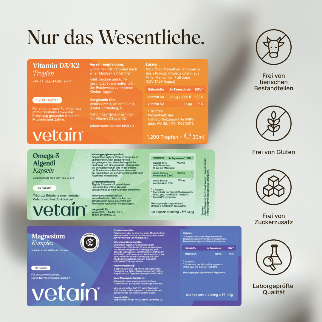 Detailed view of the three Vetain product labels with ingredient lists and nutrition tables: Vitamin D3/K2 drops (25µg D3 / 12µg K2), Omega-3 algae oil capsules (300mg DHA, 150mg EPA), Magnesium complex (358mg). On the right, icons: Free from animal ingredients, gluten, added sugar, lab-tested quality