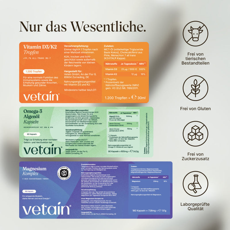 Detailed view of the three Vetain product labels with ingredient lists and nutrition tables: Vitamin D3/K2 drops (25µg D3 / 12µg K2), Omega-3 algae oil capsules (300mg DHA, 150mg EPA), Magnesium complex (358mg). On the right, icons: Free from animal ingredients, gluten, added sugar, lab-tested quality