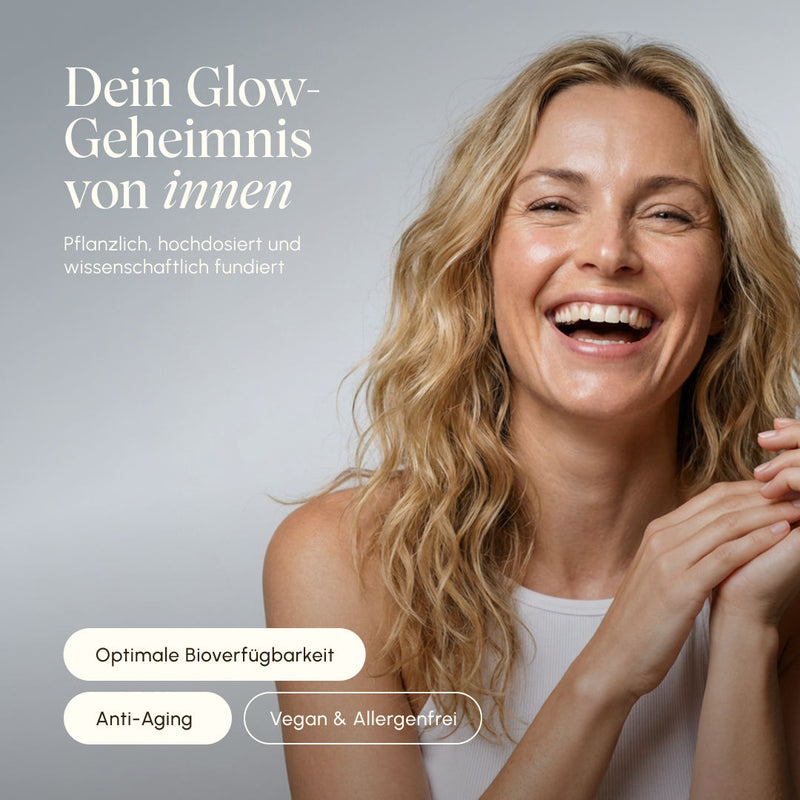 Smiling woman with shiny hair and radiant complexion against a gray background. Text: "Your glow secret from within – plant-based, highly dosed, and scientifically proven." Badges: Optimal bioavailability, anti-aging, vegan & allergen-free