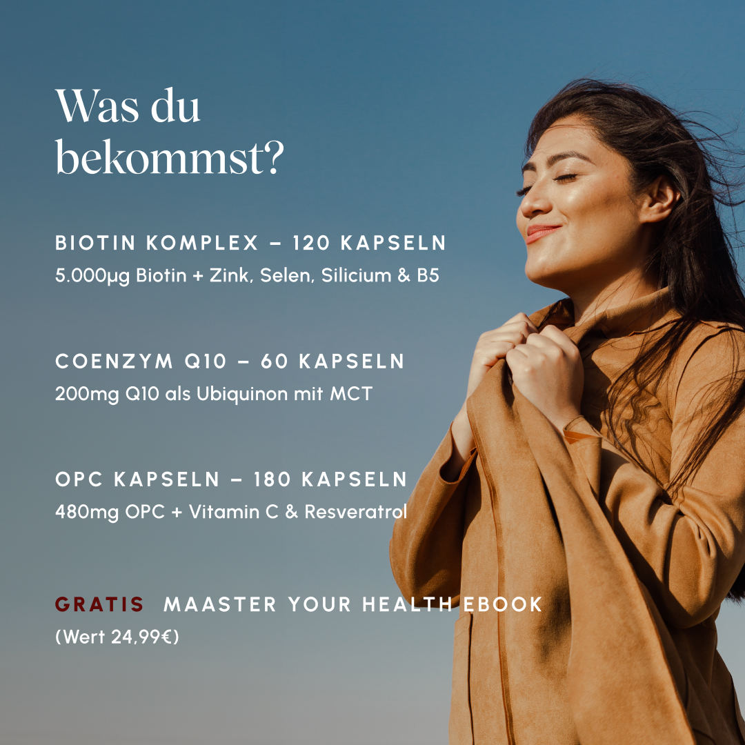 Infographic on a blue background with a woman in the wind. Product overview: Biotin Complex 120 capsules (5,000µg biotin + zinc, selenium, silicon & B5), Coenzyme Q10 60 capsules (200mg Q10 as ubiquinone with MCT), OPC capsules 180 capsules (480mg OPC + vitamin C & resveratrol), free Master Your Health eBook (value €24.99)