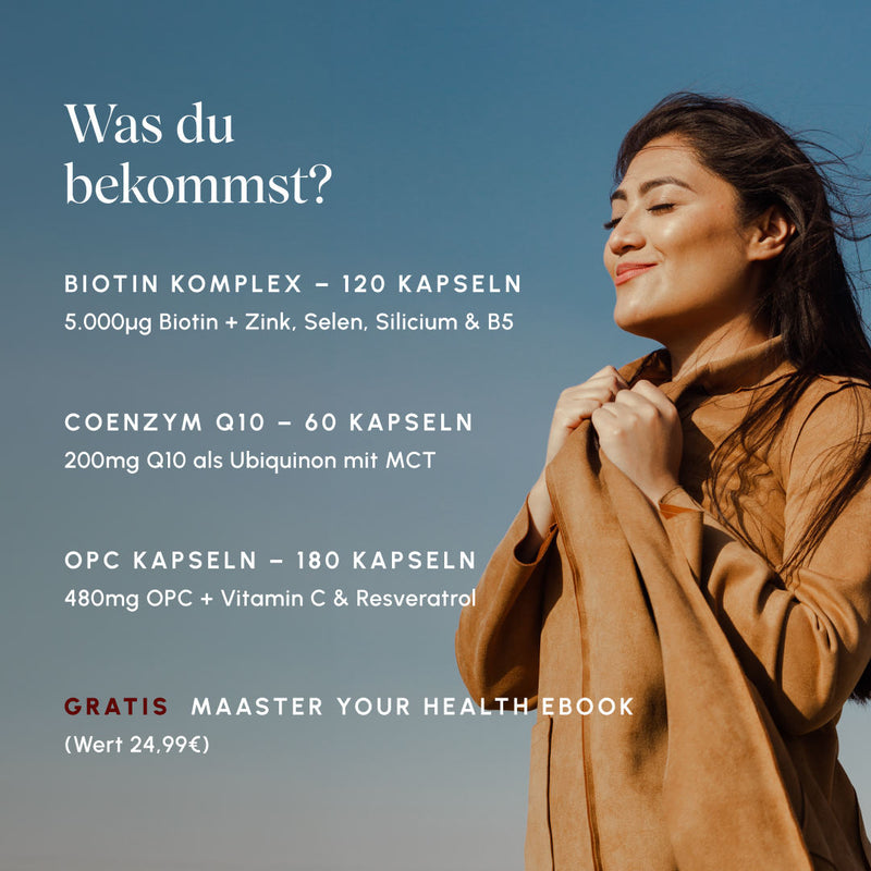 Infographic on a blue background with a woman in the wind. Product overview: Biotin Complex 120 capsules (5,000µg biotin + zinc, selenium, silicon & B5), Coenzyme Q10 60 capsules (200mg Q10 as ubiquinone with MCT), OPC capsules 180 capsules (480mg OPC + vitamin C & resveratrol), free Master Your Health eBook (value €24.99)