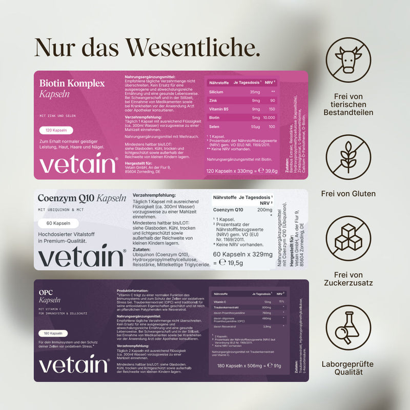Close-up view of the three Vetain product labels with ingredient lists and nutrition tables: Biotin Complex Capsules (5mg Biotin, 9mg Zinc, 55µg Selenium, 35mg Silicon, 9mg B5), Coenzyme Q10 Capsules (200mg Q10 as Ubiquinone), OPC Capsules (480mg OPC, 12mg Vitamin C, 3.9mg Resveratrol). On the right, icons: Free from animal ingredients, gluten, added sugar, lab-tested quality