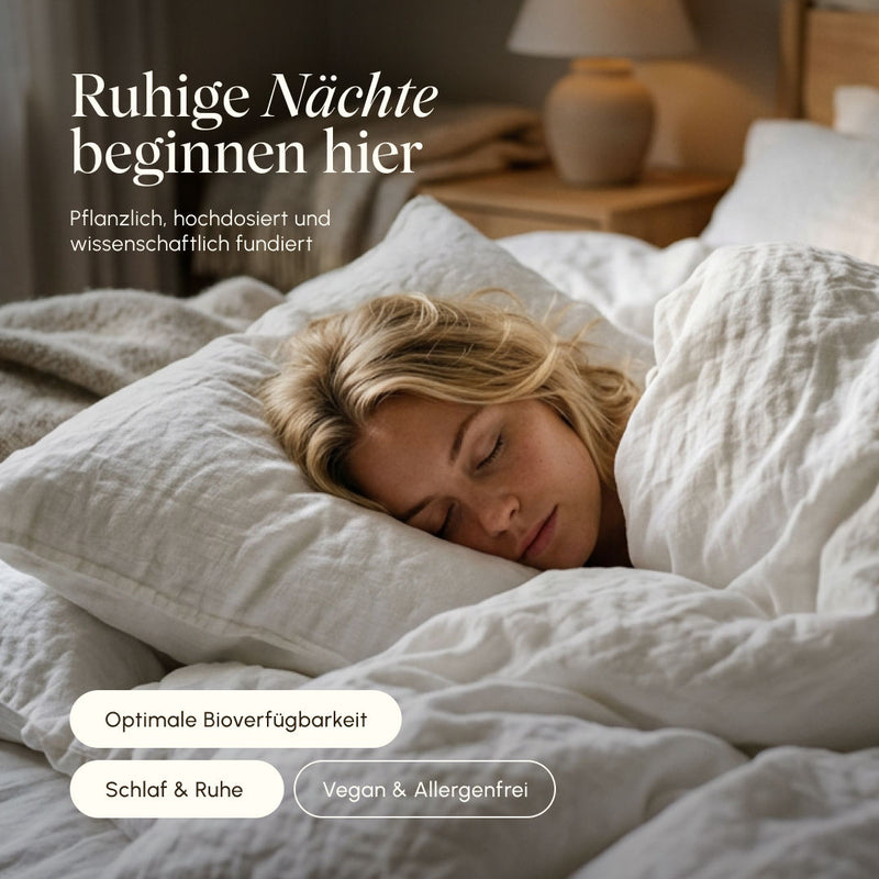 Woman sleeps peacefully in white bedding. Text: "Peaceful nights start here – plant-based, high-dose, and scientifically proven." Badges: Optimal bioavailability, Sleep & rest, Vegan & allergen-free