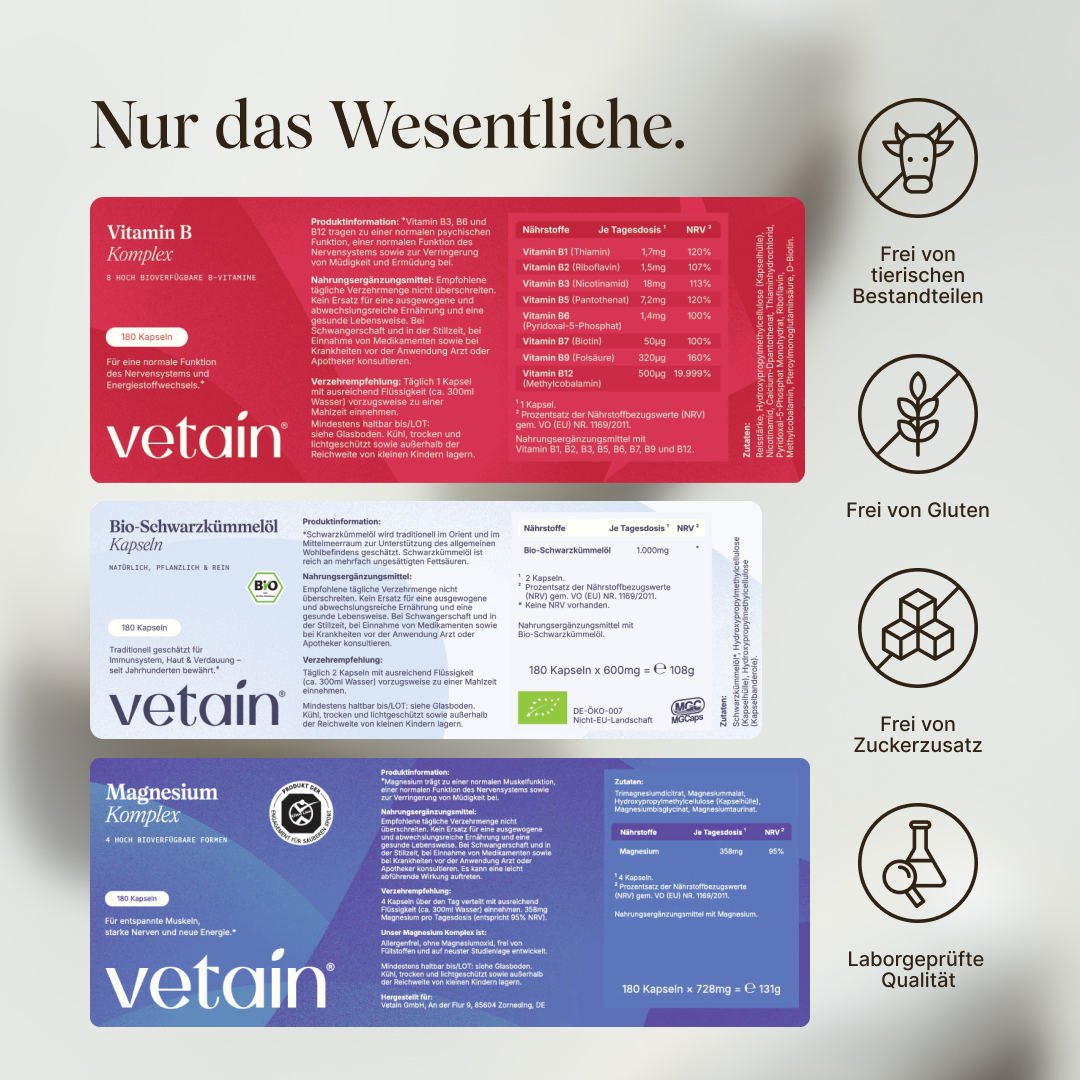 Detailed view of the three Vetain product labels with ingredient lists and nutritional tables: Vitamin B Complex (B1 to B12 in bioactive form, including 500µg B12, 320µg B9, 1.4mg B6), Organic Black Seed Oil Capsules (1,000mg black seed oil, organic certified), Magnesium Complex (358mg, 95% NRV). On the right, icons: Free from animal ingredients, gluten, added sugar, lab-tested quality