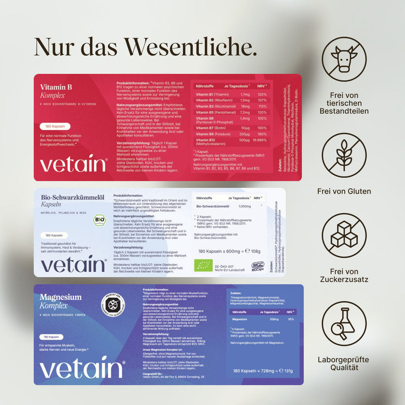 Detailed view of the three Vetain product labels with ingredient lists and nutritional tables: Vitamin B Complex (B1 to B12 in bioactive form, including 500µg B12, 320µg B9, 1.4mg B6), Organic Black Seed Oil Capsules (1,000mg black seed oil, organic certified), Magnesium Complex (358mg, 95% NRV). On the right, icons: Free from animal ingredients, gluten, added sugar, lab-tested quality
