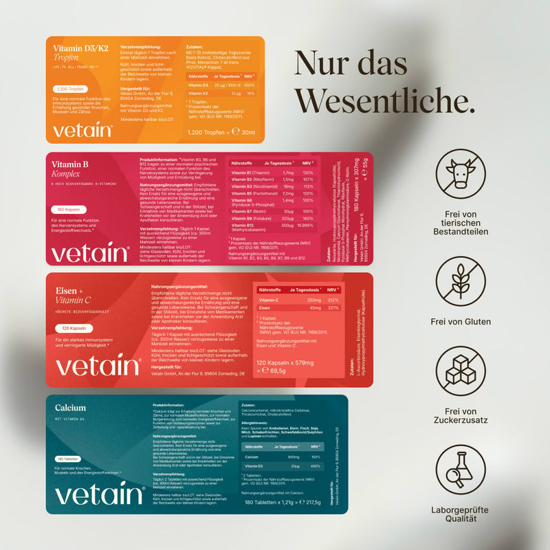 Detailed view of the four Vetain product labels with ingredient lists and nutrition tables under the title "Only the Essentials": Vitamin D3/K2 drops (25µg D3, 12µg K2), Vitamin B Complex (B1–B12 in bioactive form), Iron + Vitamin C (250mg iron, 45mg vitamin C), Calcium (800mg, 100% NRV). On the right, icons: Free from animal ingredients, gluten, added sugar, lab-tested quality