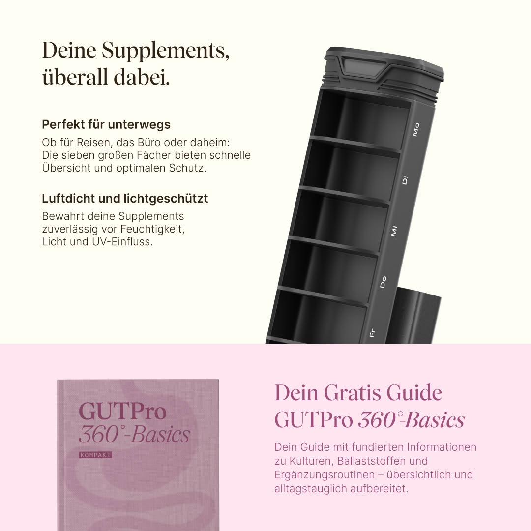 Vetains Tablettenbox. Perfekt für unterwegs. Große Fächer. Luftdicht und lichtgeschützt ohne UV-Einfluss. Gratis Guide GUTPro Basics. Fundierte Infos zu Kulturen, Ballaststoffen und Ergänzungsroutinen