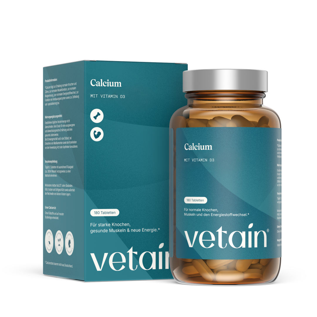 Vetain Calcium with Vitamin D3 – Product box and glass bottle containing 180 tablets shown side by side on a white background. Label text: “For strong bones, healthy muscles, and renewed energy.”
