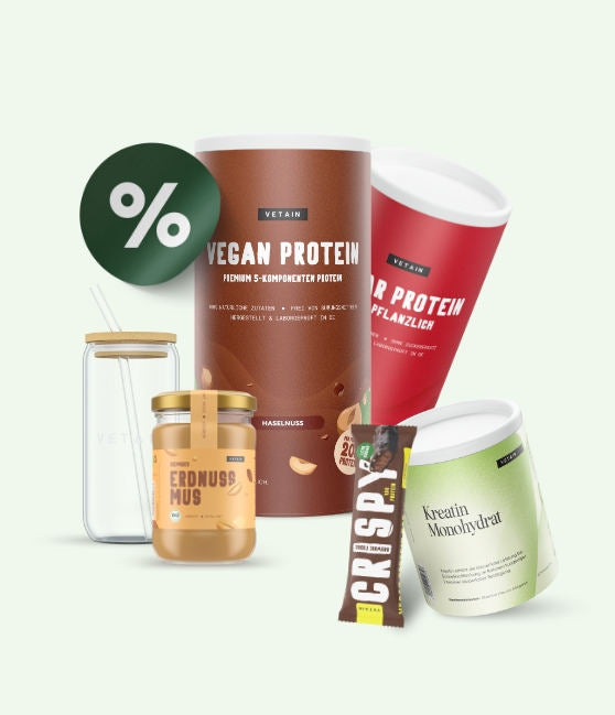 Vetain sparen. Vorteilspakete. Vegan Protein, Clear Protein, Proteinriegel, Kreatin, Erdnussmus, Trinkglas