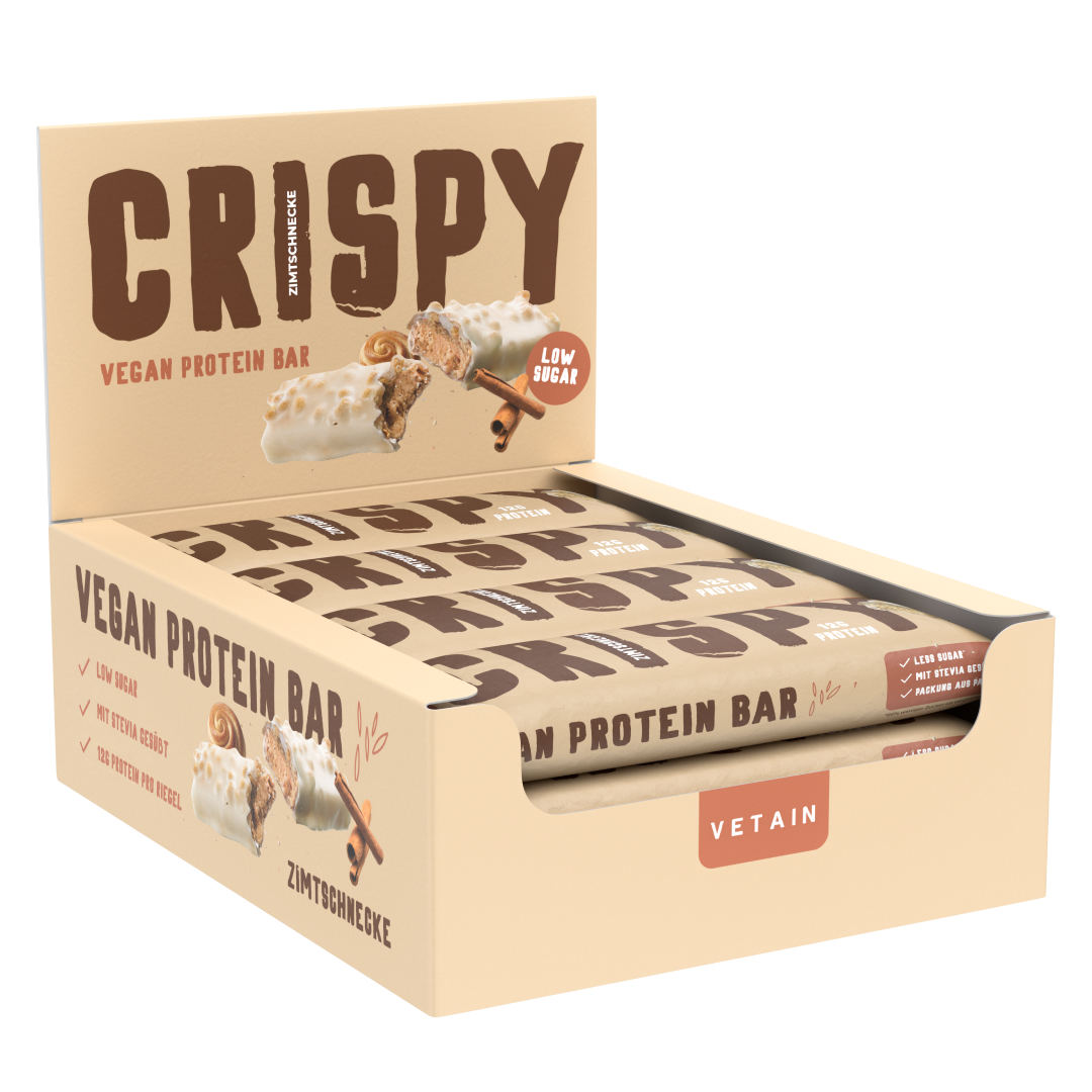 Vetain veganer Proteinriegel low sugar Geschmack Zimtschnecke. 12 Riegel in einem Tray