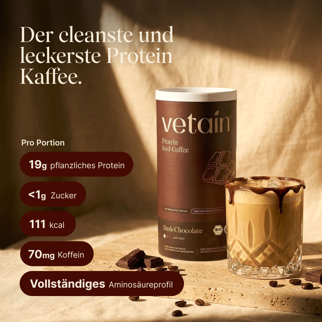 Can of vetain Protein Iced Coffee in the Dark Chocolate (Light Roast) flavor next to a glass of prepared iced coffee, chocolate pieces, and coffee beans. Heading: 'The cleanest and tastiest protein coffee.' Per serving: 19 g plant-based protein, under 1 g sugar, 111 kcal, 70 mg caffeine, complete amino acid profile.