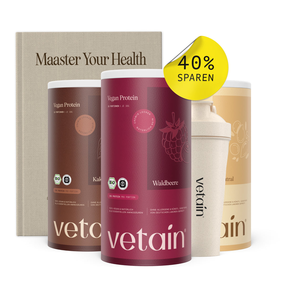 Vetain Premium-Starter-Bundle mit 3 Dosen Vegan Protein, Shaker und eBook