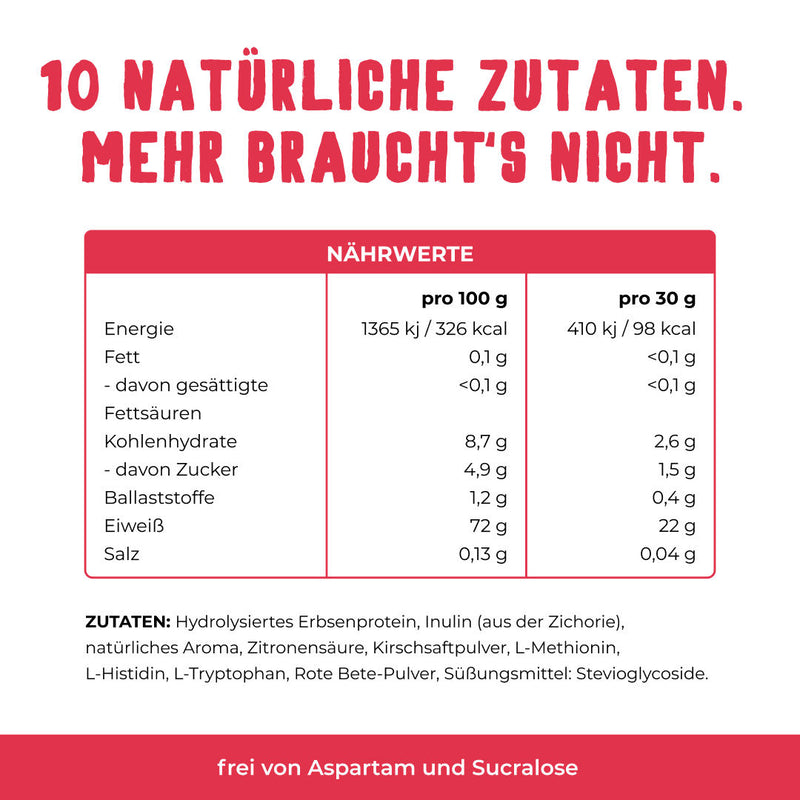 Vetain veganes Isoclear. 10 natürliche Zutaten. Nährwerte von Cherry-Sour Clear. Frei von Aspartam und Sucralose