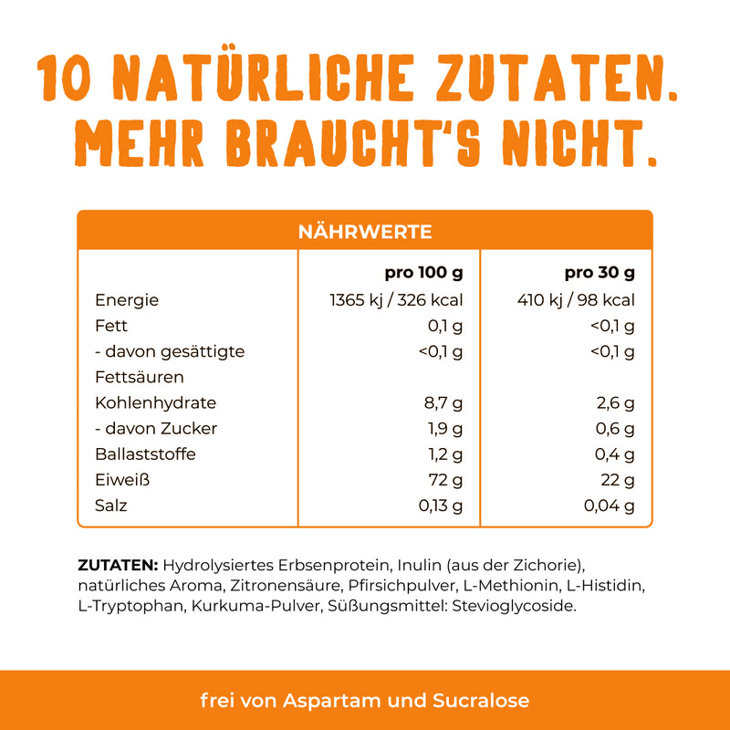 Vetain veganes Isoclear. 10 natürliche Zutaten. Nährwerte von Eistee-Pfirsich Clear. Frei von Aspartam und Sucralose