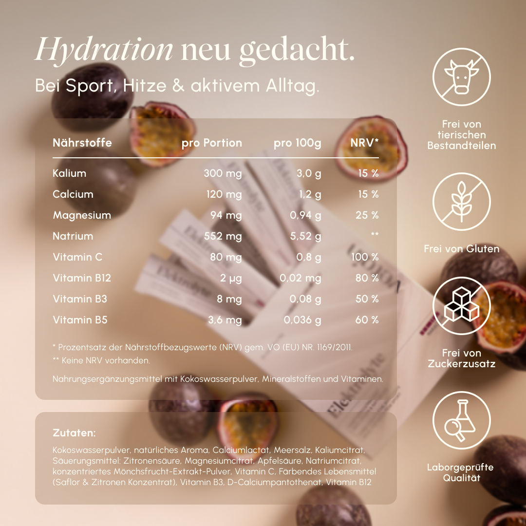 Nährwerttabelle vetain Elektrolyte Maracuja pro Portion: Kalium 300mg, Calcium 120mg, Magnesium 94mg, Natrium 552mg, Vitamin C 80mg (100% NRV), Vitamin B12 2μg, Vitamin B3 8mg, Vitamin B5 3,6mg. Zutaten: Kokoswasserpulver, natürliches Aroma, Calciumlactat, Meersalz u.v.m. Icons: frei von tierischen Bestandteilen, glutenfrei, ohne Zuckerzusatz, laborgeprüfte Qualität.