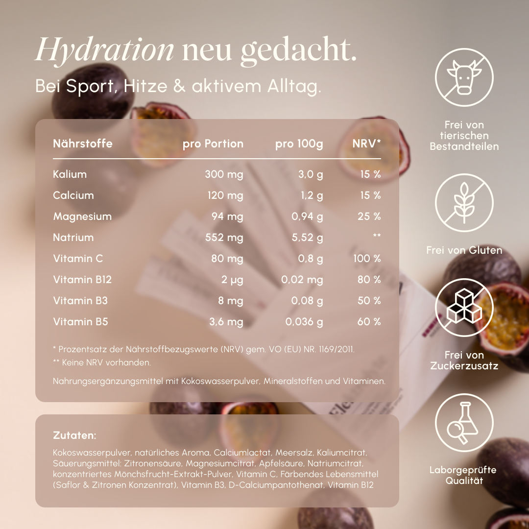 Nutrition table of vetain Electrolytes Passion Fruit with values per serving, per 100 g, and NRV as well as ingredient list; on the right, symbols for free from animal ingredients, gluten-free, no added sugar, and lab-tested quality.