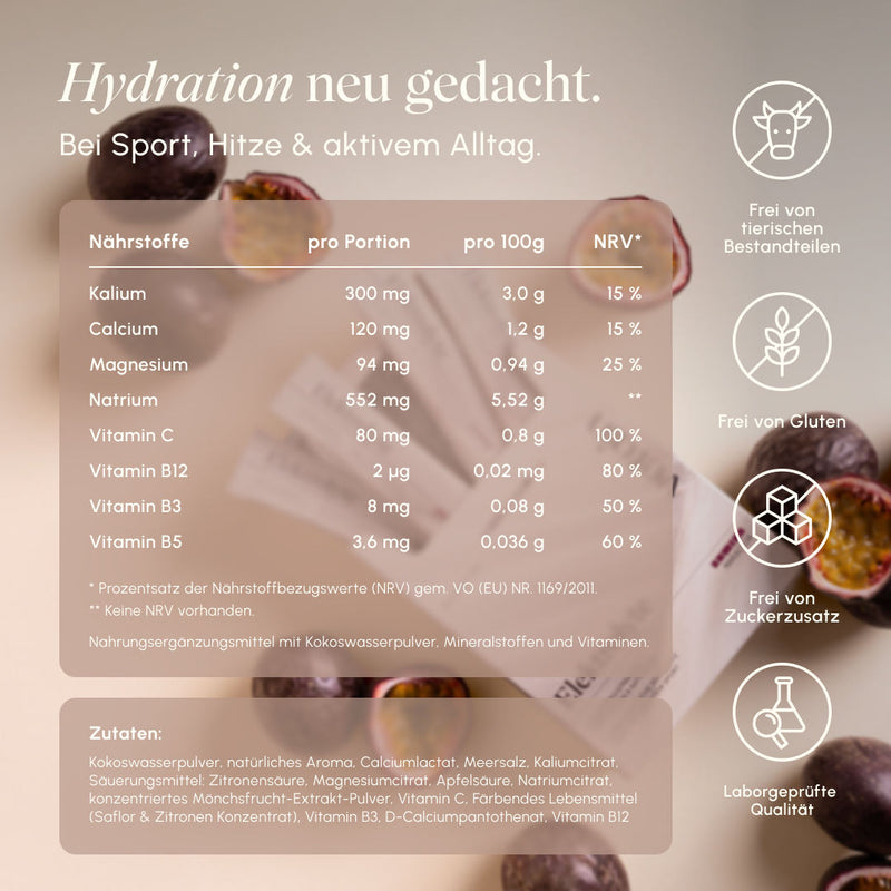 Nutrition table of vetain Electrolytes Passion Fruit with values per serving, per 100 g, and NRV as well as ingredient list; on the right, symbols for free from animal ingredients, gluten-free, no added sugar, and lab-tested quality.