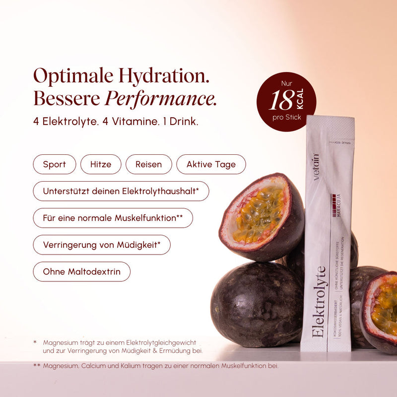 vetain Electrolyte Maracuja Stick next to halved passion fruits; text graphic lists 4 electrolytes, 4 vitamins, usage areas sport, heat, travel, and active days, as well as 18 kcal per stick.
