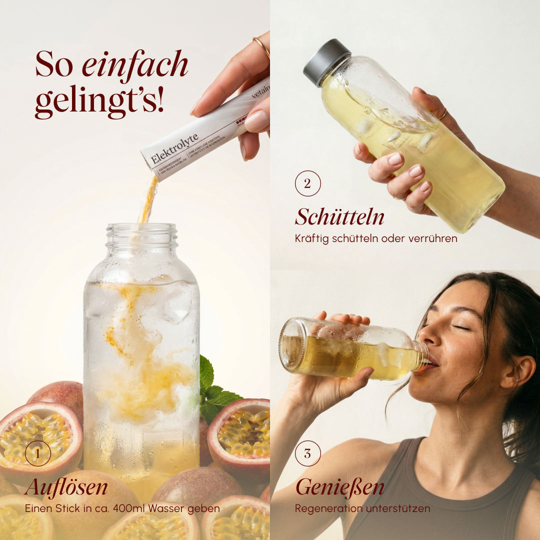 Dreiteilige Anleitung „So einfach gelingt's!": 1. Auflösen – Stick in ca. 400ml Wasser geben (Glas mit Maracujas), 2. Schütteln – kräftig schütteln oder verrühren (Hand hält Flasche), 3. Genießen – Regeneration unterstützen (Frau trinkt aus Glasflasche).
