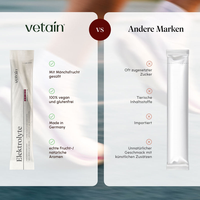 Comparison graphic vetain electrolytes versus other brands: left vetain stick sweetened with monk fruit, vegan and gluten-free, made in Germany, and natural flavors; right neutral stick with added sugar, animal ingredients, imported, and artificial additives.