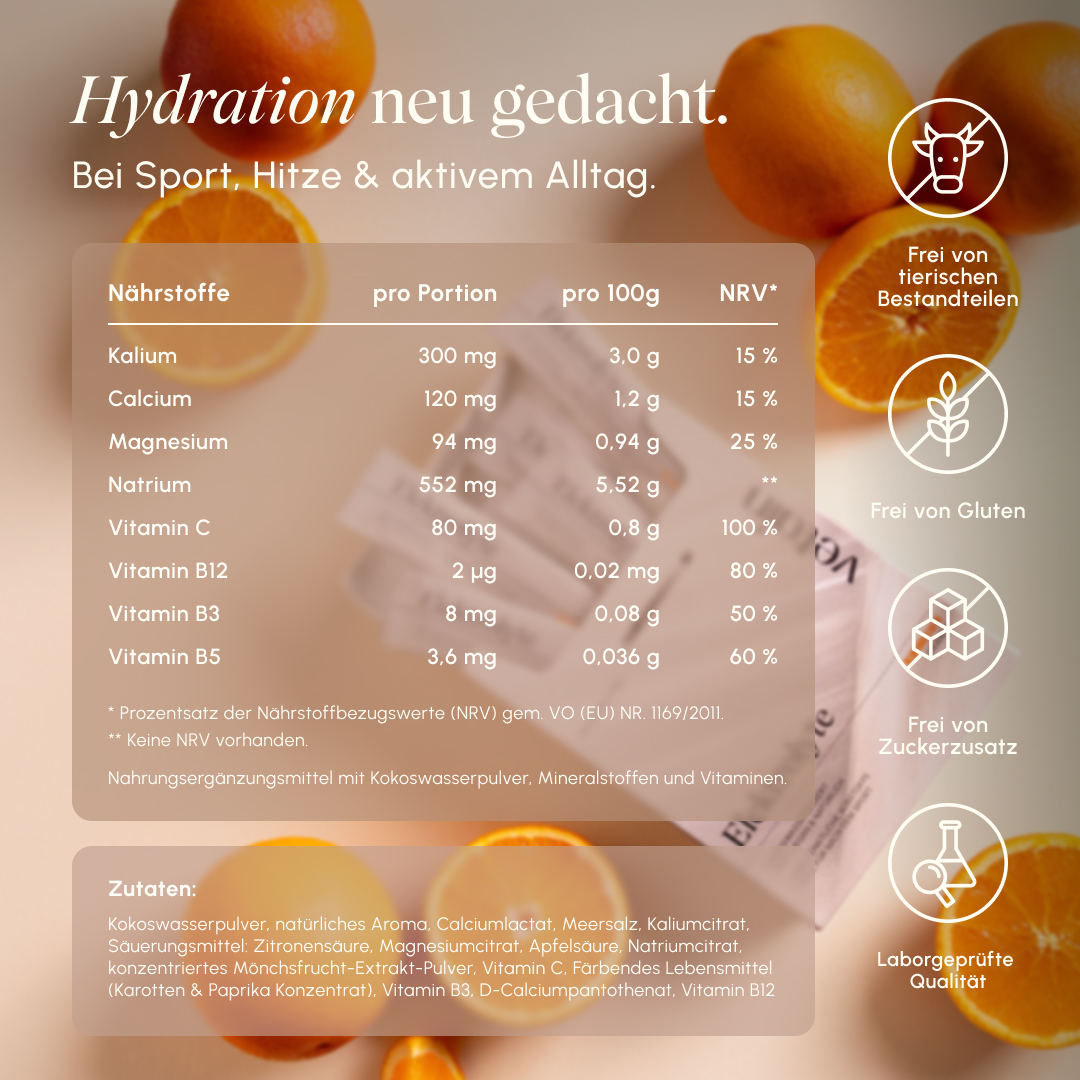 Nutrition table of vetain Electrolytes Orange with values per serving, per 100 g, and NRV as well as ingredient list; on the right, symbols for free from animal ingredients, gluten-free, no added sugar, and lab-tested quality.