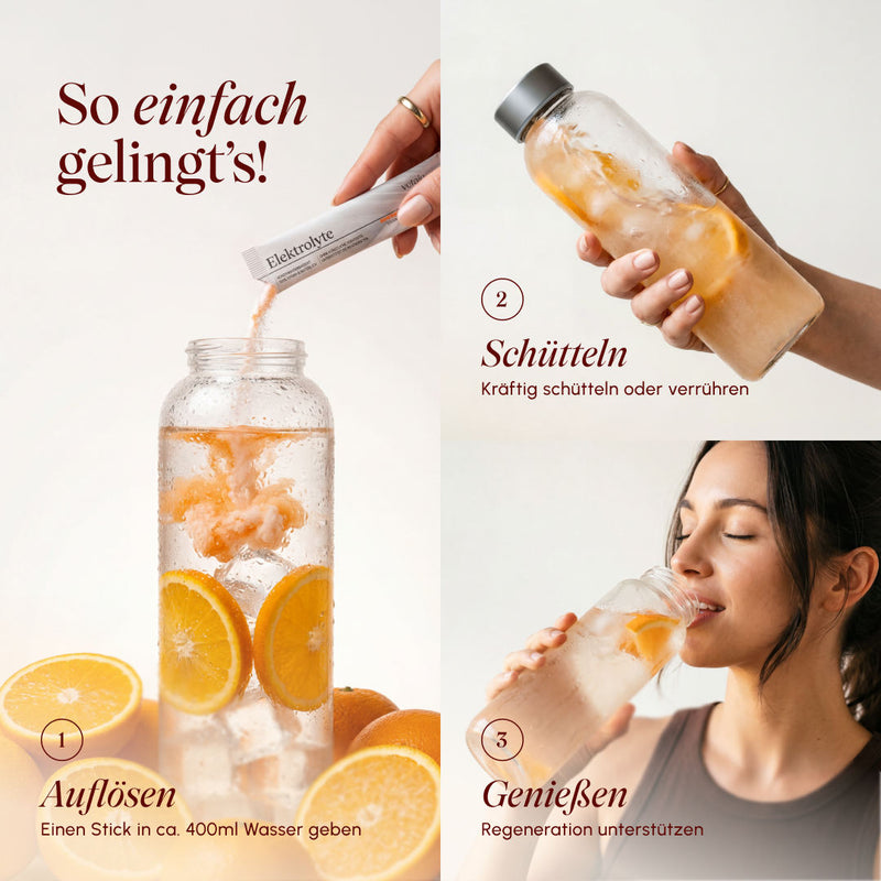Three-step guide for vetain Electrolytes Orange: dissolve one stick in about 400 ml of water, shake well, and then drink; in the image, a water bottle with orange slices and ice.