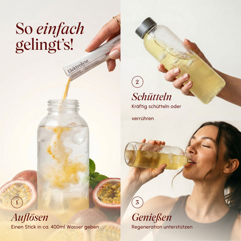 Drei-Schritt-Anleitung für vetain Elektrolyte: einen Stick in ca. 400 ml Wasser auflösen, kräftig schütteln und anschließend trinken; im Bild eine Wasserflasche mit Eis und halbierten Maracujas.