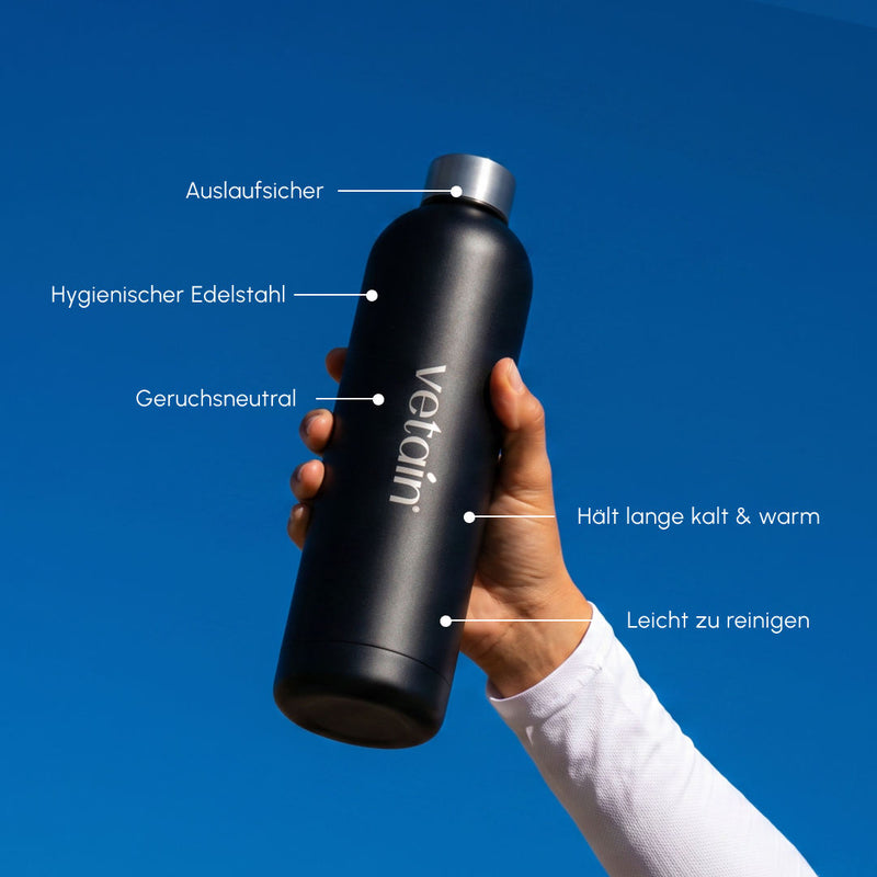 Produktgrafik einer mattschwarzen „vetain“ Edelstahl-Trinkflasche, die vor einem klaren, blauen Himmel hochgehalten wird. Text-Infopunkte heben die Eigenschaften hervor: auslaufsicher, hygienischer Edelstahl, geruchsneutral, hält lange kalt & warm sowie leicht zu reinigen.

