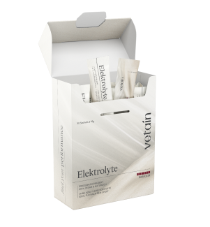 Freisteller der vetain Elektrolyte Maracuja Box (30 Sachets) auf dunklem Hintergrund.
