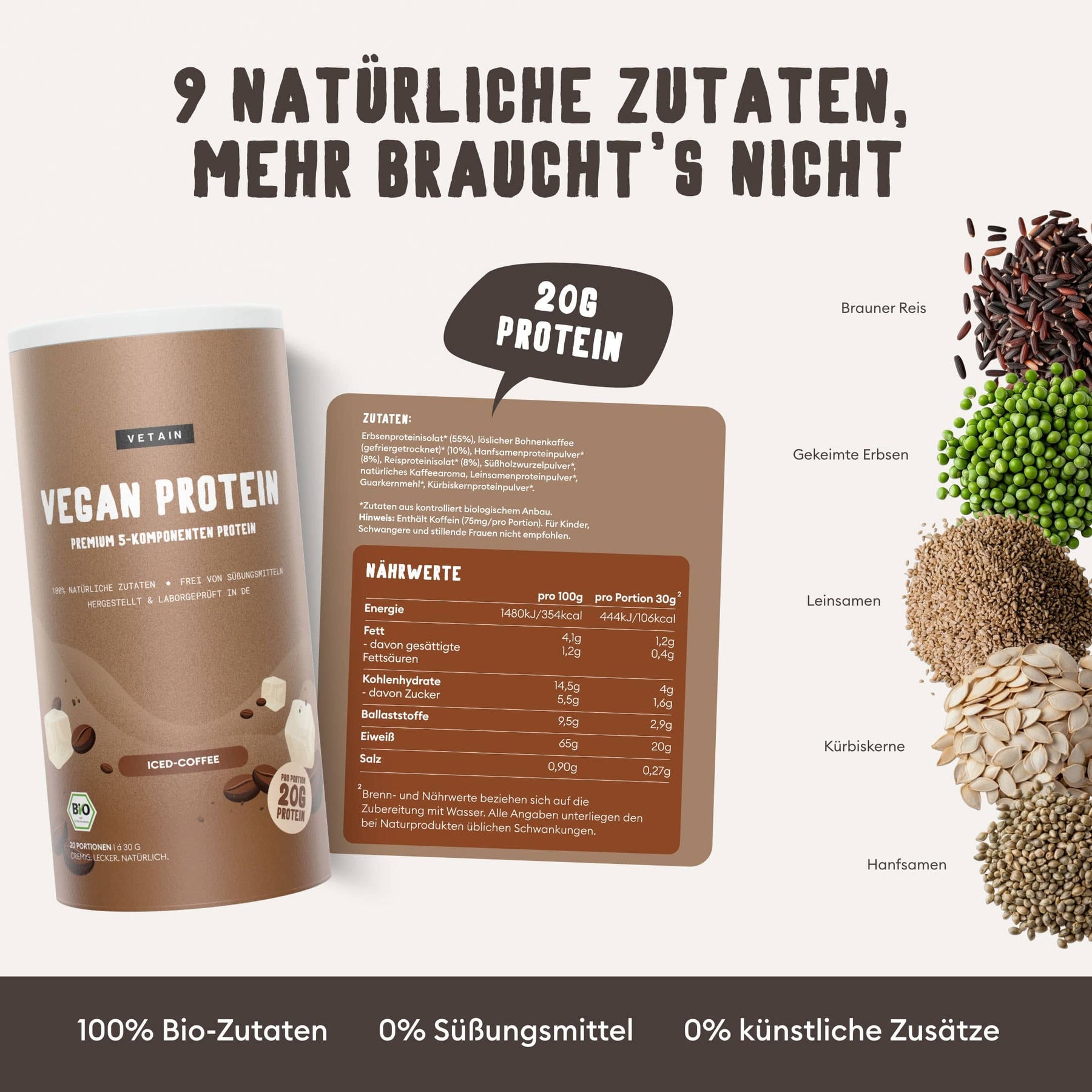 Vetain vegan Protein Iced-Coffee, 100% Bio-Zutaten, 0% Süßungsmittel, 0% künstliche Zusätze, 20g Protein