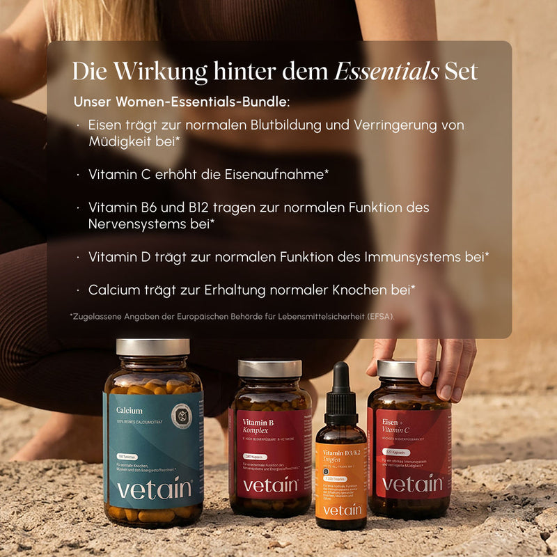 Vetain Calcium, Vitamin B Komplex, Vitamin D3/K2 Tropfen und Eisen + Vitamin C auf sandigem Boden. Eisen trägt zur normalen Bildung roter Blutkörperchen und von Hämoglobin sowie zur Verringerung von Müdigkeit bei. Vitamin C trägt zur Erhöhung der Eisenaufnahme bei. Vitamin B6 und B12 tragen zur normalen Funktion des Nervensystems bei. Vitamin D trägt zur normalen Funktion des Immunsystems bei. Calcium trägt zur Erhaltung normaler Knochen bei.