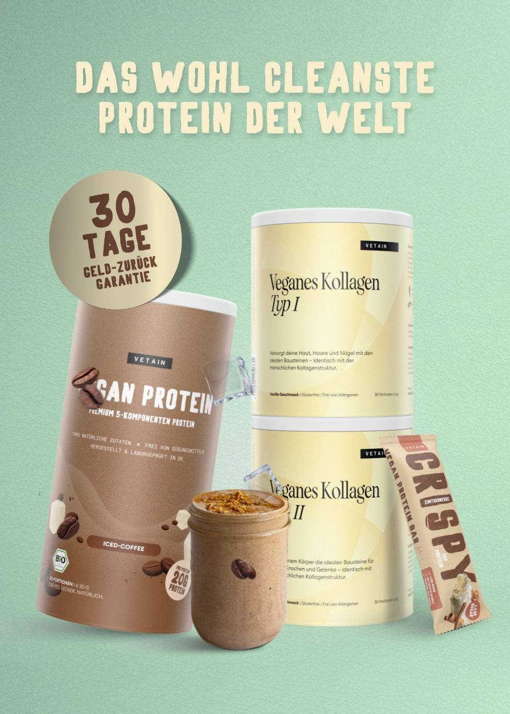 Vetain cleanstes Protein der Welt. Hochwertige Bio-Zutaten, frei von Süßstoffen & Allergenen, lecker & bestens verträglich