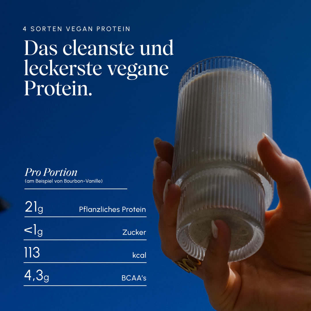 Hand holding a light-colored Vetain protein shake in a ribbed glass against a blue sky; overlaid nutritional values per serving for Bourbon Vanilla: 21 g plant-based protein, less than 1 g sugar, 113 kcal, 4.3 g BCAAs. Heading: “4 Vegan Protein Flavors – The cleanest and tastiest vegan protein.”