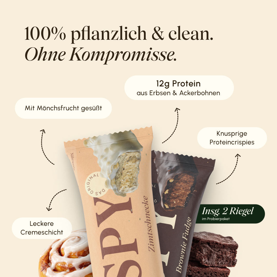 Zwei vetain CRISPY Proteinriegel in den Sorten Zimtschnecke und Brownie Fudge mit Erdnüssen und Brownie-Stücken; Hinweise: mit Mönchsfrucht gesüßt, 12 g Protein aus Erbsen und Ackerbohnen, knusprige Proteincrispies, cremige Schicht, insgesamt 2 Riegel im Probierpaket.