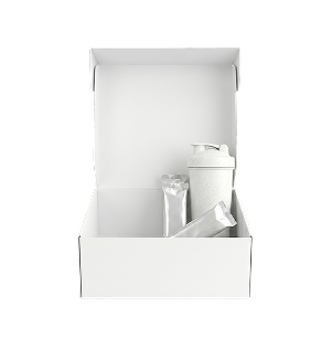 Probierbox mit Shaker und Riegeln auf der rechten Seite.