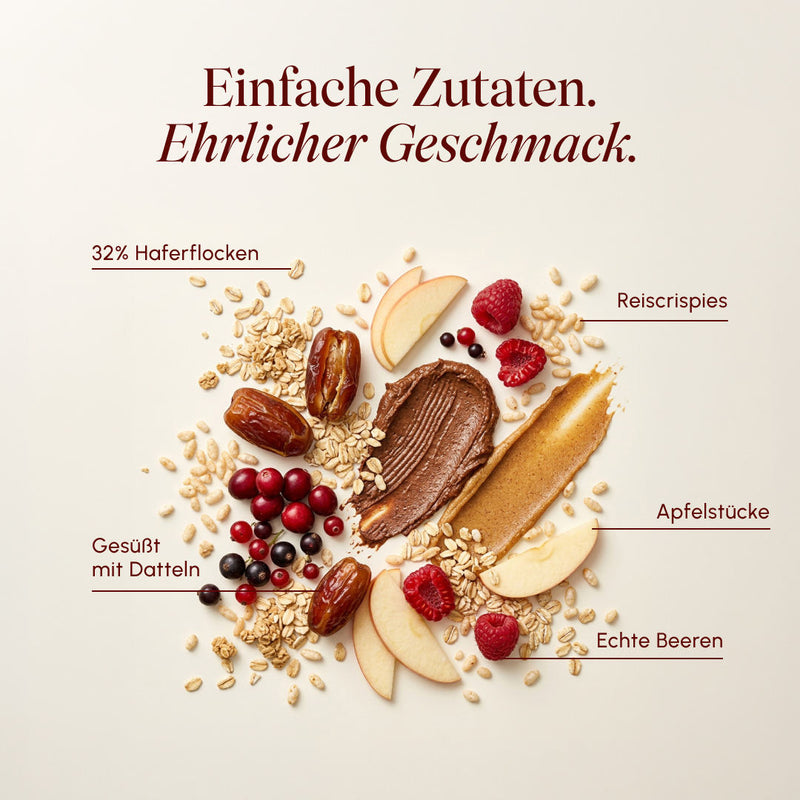 Flatlay der Zutaten des Vetain Oatbar Berry mit Beschriftungen: 32 % Haferflocken, Reiscrispies, mit Datteln gesüßt, Apfelstücke und echte Beeren. Überschrift „Einfache Zutaten. Ehrlicher Geschmack."
