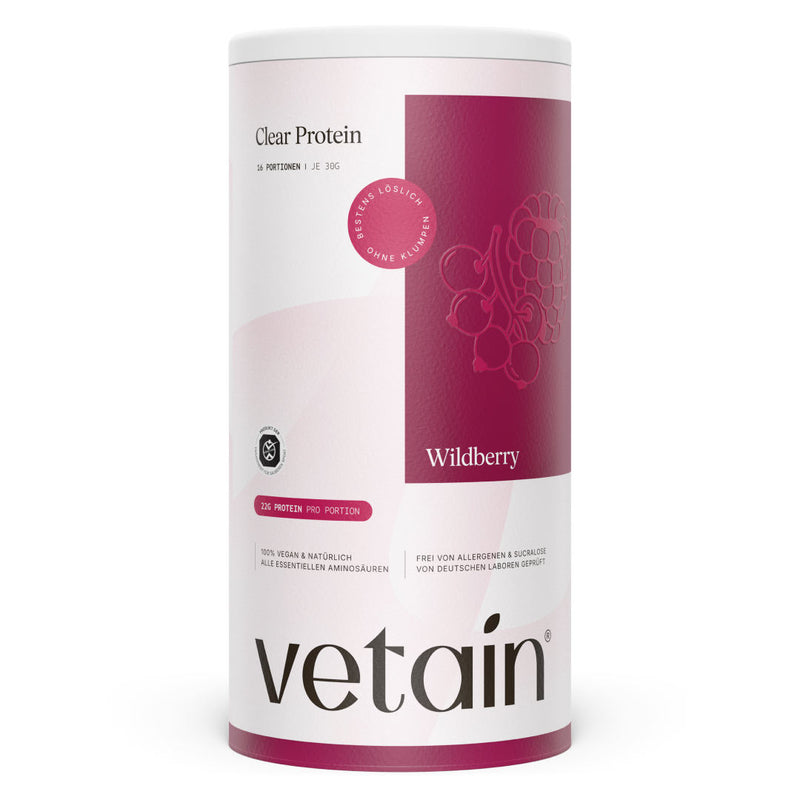 Vetain Clear Protein Wildberry Dose von vorne (16 Portionen à 30 g, 22 g Protein pro Portion), 100 % vegan & natürlich, frei von Allergenen & Sucralose, von deutschen Laboren geprüft.