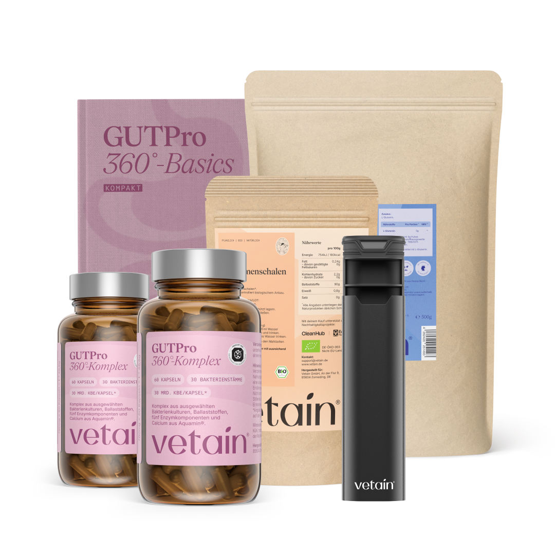 Vetain Gut Reset Bundle: zwei Dosen GUTPro 360°-Komplex, Bio Flohsamenschalen, L-Glutamin Pulver, schwarze Vetain Tablettenbox und das Buch GUTPro 360°-Basics Kompakt, auf weißem Hintergrund.