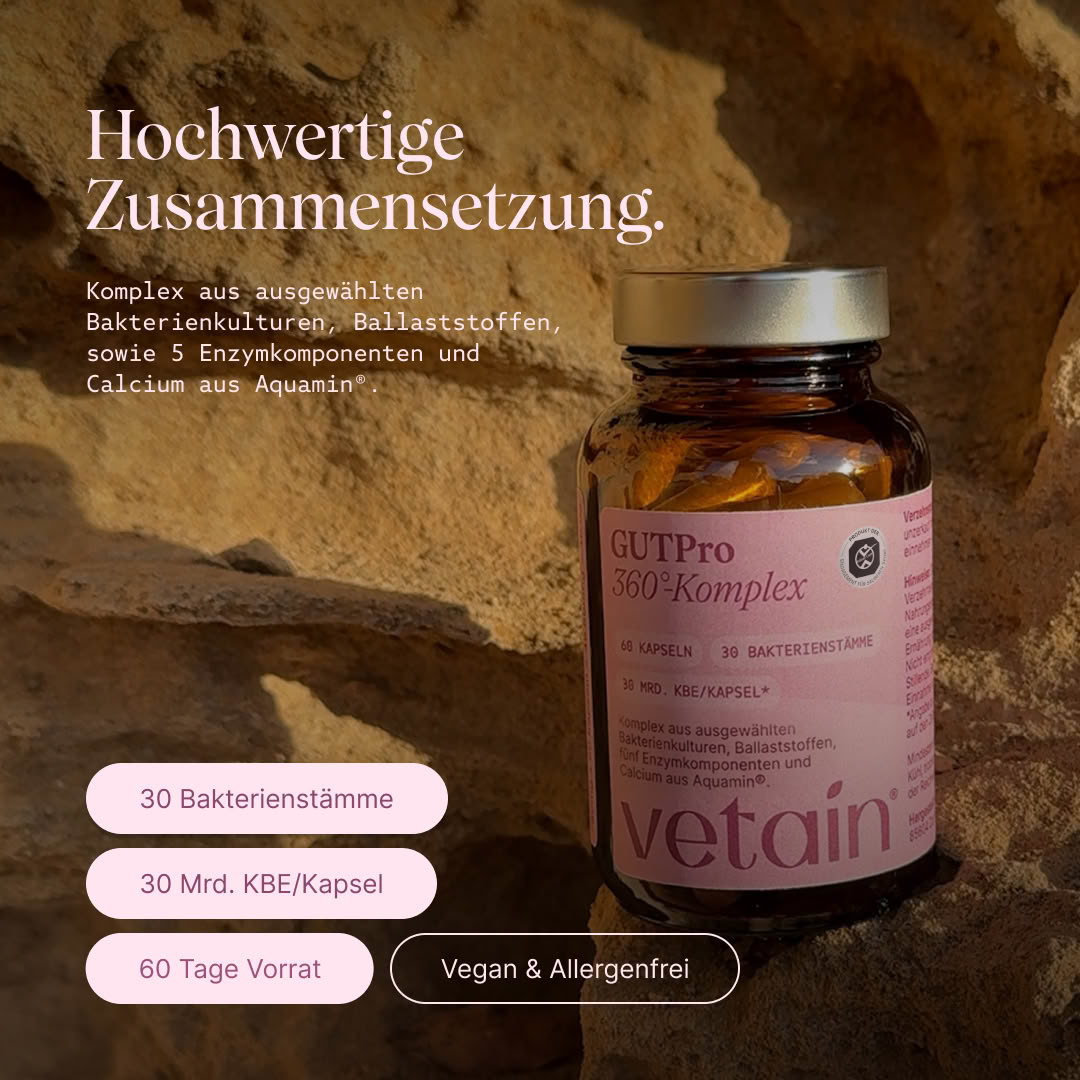 Vetain GUTPro 360°-Komplex auf einem Felsen. Überschrift „Hochwertige Zusammensetzung.“ Komplex aus ausgewählten Bakterienkulturen, Ballaststoffen, 5 Enzymkomponenten und Calcium aus Aquamin®. 30 Bakterienstämme, 30 Mrd. KBE pro Kapsel, 60 Tage Vorrat, vegan.