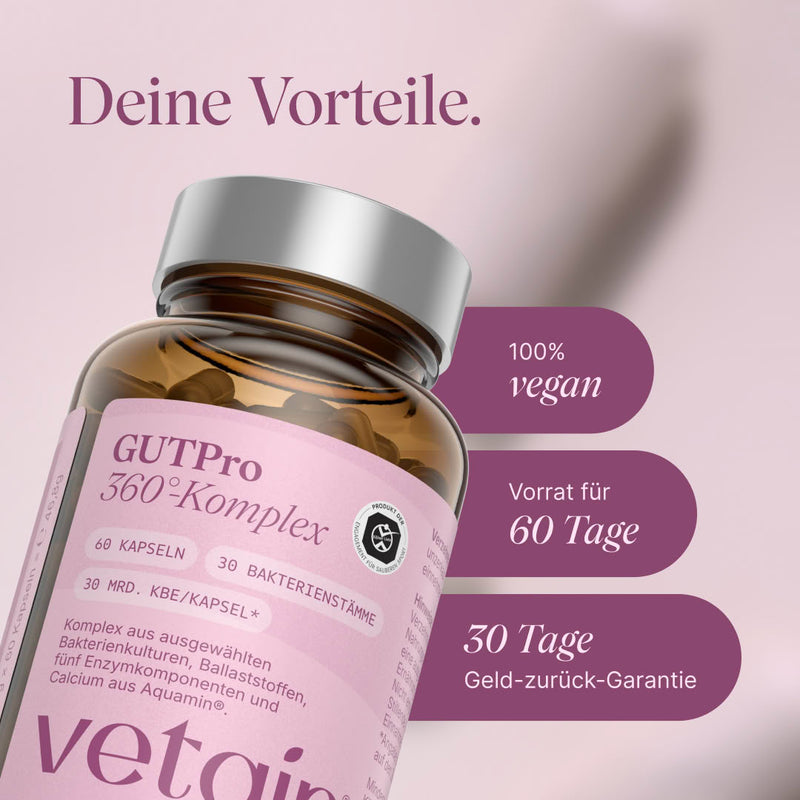 Nahaufnahme der Vetain GUTPro 360°-Komplex Dose. Überschrift „Deine Vorteile.“ 100 % vegan, Vorrat für 60 Tage, 30 Tage Geld-zurück-Garantie.