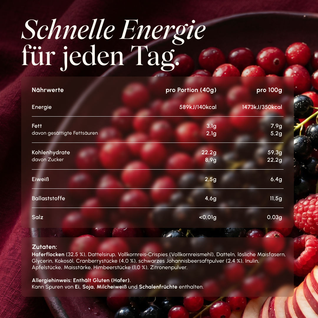 Nährwerttabelle des Vetain Oatbar Berry pro Portion (40 g) und pro 100 g mit Zutatenliste, vor einem Hintergrund aus roten Beeren. Überschrift „Schnelle Energie für jeden Tag."