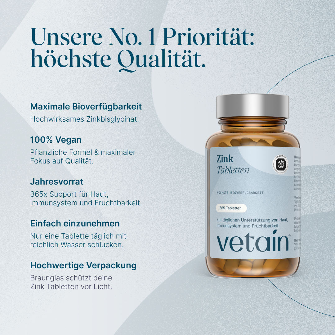 Vetain Zink Tabletten mit Zinkbisglycinat im Braunglas – 365 vegane Tabletten als Jahresvorrat