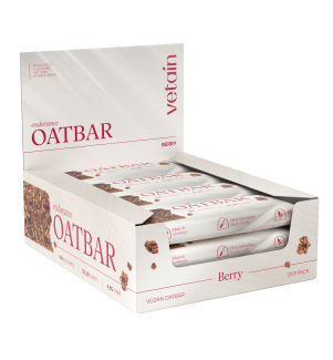 Verkaufskarton des Vetain Endurance Oatbar Berry mit einzeln verpackten Riegeln, freigestellt vor weißem Hintergrund.

