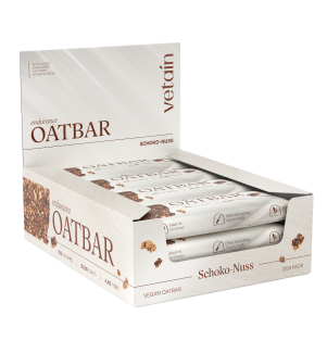 Verkaufskarton des Vetain Endurance Oatbar Schoko-Nuss mit einzeln verpackten Riegeln, freigestellt vor weißem Hintergrund.