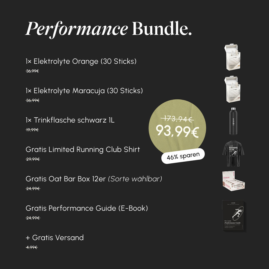 Overview of the Vetain Performance Bundle with individual prices and product images: Electrolytes Orange and Passion Fruit, Water Bottle, Running Club Shirt, Oat Bar Box, and Performance Guide. Bundle price €93.99 instead of €173.94, save 46%.