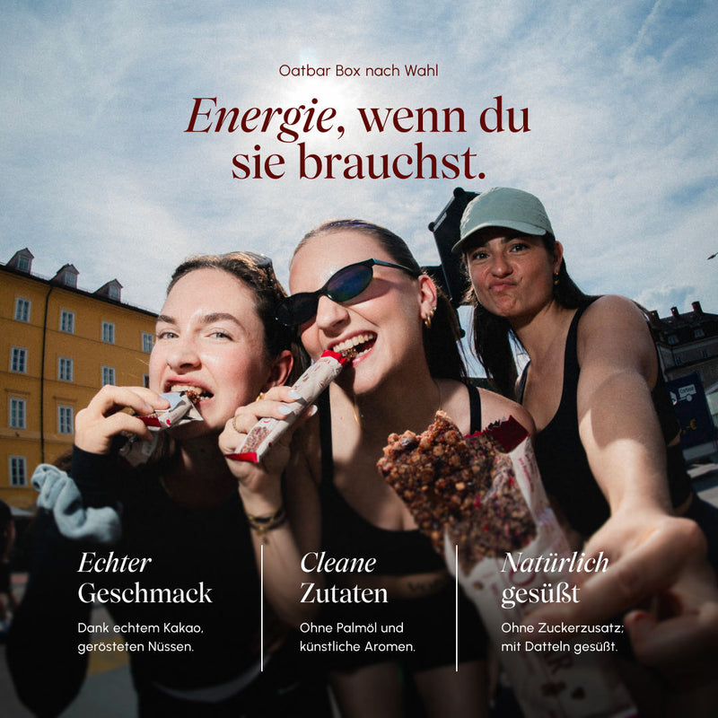 Three women eating Vetain Oatbar outdoors; text "Energy when you need it" with three benefits: real taste from cocoa and nuts, clean ingredients, naturally sweetened. Note "Oatbar Box of your choice."