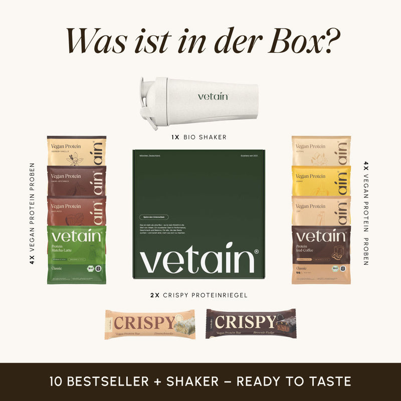 Übersicht des Inhalts der Vetain Probierbox: 1 Bio-Shaker, 8 Vegan-Protein-Proben in verschiedenen Sorten, 2 Crispy Proteinriegel. Überschrift „Was ist in der Box?", Fußzeile „10 Bestseller + Shaker – ready to taste".