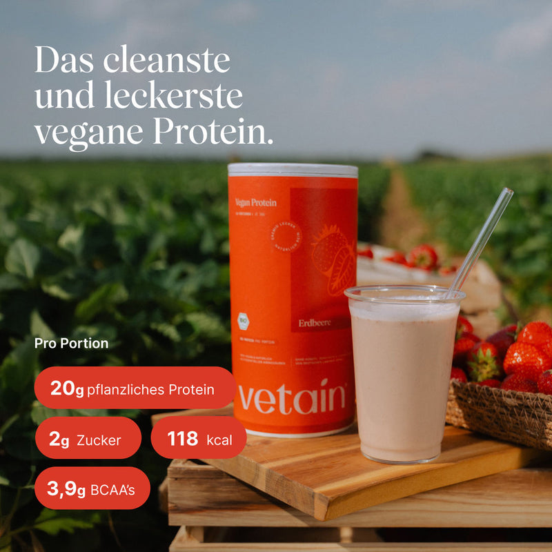 Vetain Vegan Protein Erdbeere Dose neben einem cremigen Erdbeer-Shake im Glas auf einem Erdbeerfeld; eingeblendete Werte pro Portion: 20 g pflanzliches Protein, 2 g Zucker, 118 kcal, 3,9 g BCAAs. Text „Das cleanste und leckerste vegane Protein."
