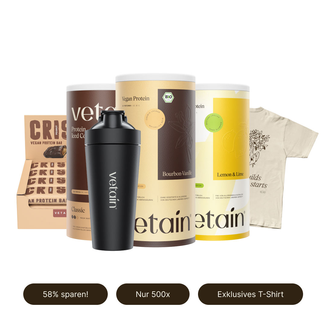 Vetain Birthday Bundle: Proteinriegel, Vegan Protein Iced Coffee, Vegan Protein, veganes Clear Protein, Edelstahlshaker, T-Shirt, exklusives und limitiertes Angebot