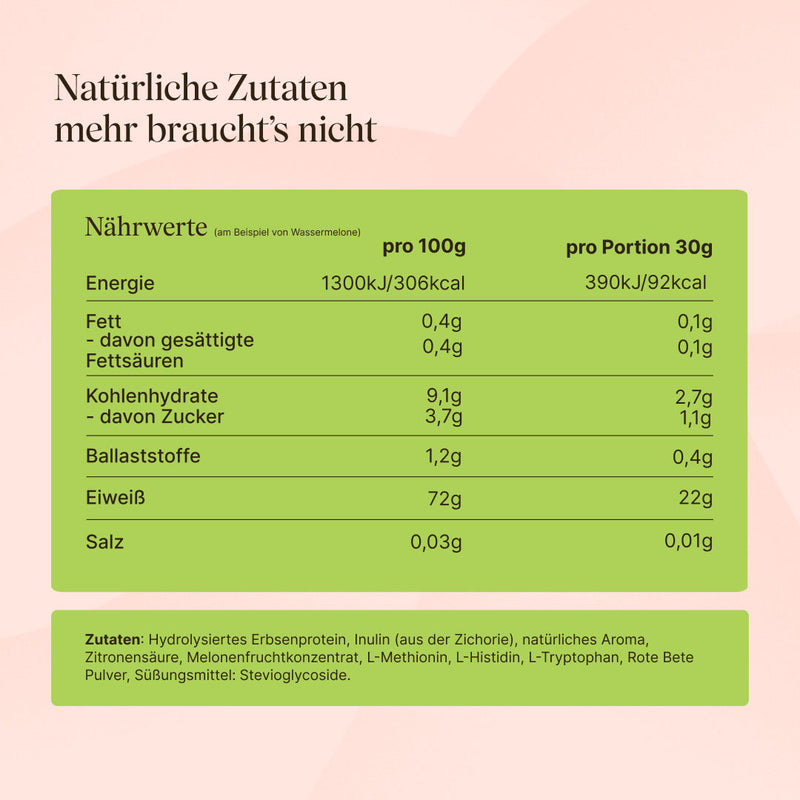 Nährwerttabelle und Zutaten von veganem Clear Protein Probierpaket (am Beispiel von Wassermelone)